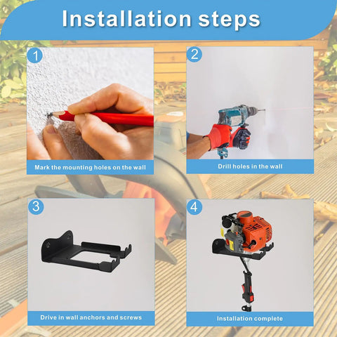 Installation steps for Heavy Duty Garage Organizer Wall Mount Trimmer Rack showing marking, drilling, and mounting process.