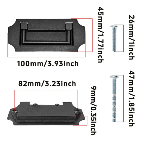 Dimensions of Hidden Drawer Ring Pull Handles 2 Pack 4 Inch Zinc Alloy Square Embedded Cabinet Door Knobs with included screws.