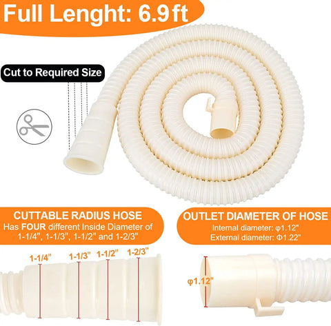 Universal Washing Machine Drain Hose Extension Kit 6.9 Feet Long Fits One And A Quarter Inch One And A Third Inch One And A Half Inch And One And Two Thirds Inches Outlet Diameters With Clamp Cut To Fit Durable Odorless Hose For Quick Easy Replacement