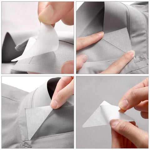 Premium White PVC Adhesive Collar Stays 240 Pack Shirt Collar Protectors For Men Dress Shirts shown being applied to a shirt collar.