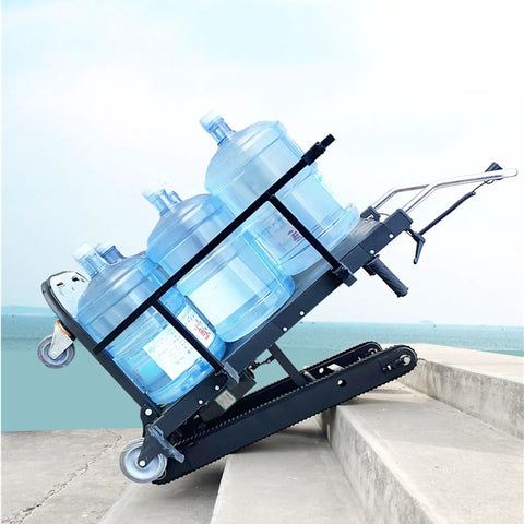 Heavy Duty Electric Stair Climbing Dolly Cart With 550 Lb Load Capacity And Powerful 500W Motor For Easy Moving Jobs Made Simple With Fast Charging Battery loaded with three water bottles on stairs.