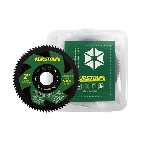 2 Inch HSS Circular Saw Blade Set For Mini Angle Grinders, 5 Pack, 72 Teeth, 50mm Diameter, shown in packaging