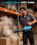 Man using 40V Cordless Leaf Blower with 650 CFM and 160 MPH Beastly Power in warehouse
