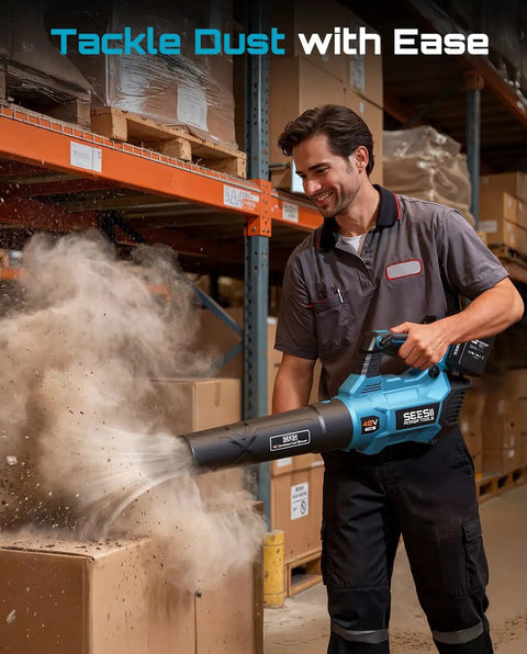 Man using 40V Cordless Leaf Blower with 650 CFM and 160 MPH Beastly Power in warehouse