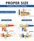 Heavy Duty 3/4 Inch Tankless Water Heater Valve Kit With Pressure Relief Valve And Full Port Ball Valves For Gas Plumbing Lead Free Brass No Sweat Setup Real Deal Performance 20 Pack with size details