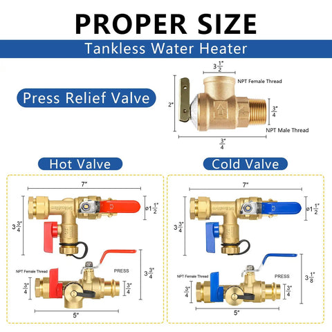 Heavy Duty 3/4 Inch Tankless Water Heater Valve Kit With Pressure Relief Valve And Full Port Ball Valves For Gas Plumbing Lead Free Brass No Sweat Setup Real Deal Performance 20 Pack with size details