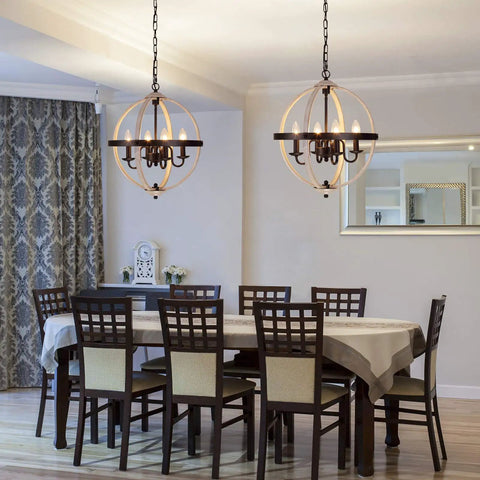 Dining room with two Dope Farmhouse Rustic Globe Orb Chandelier In Oak And White Finish Four Light Pendant hanging over table