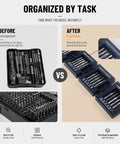 No Fuss Repairs Grab This Badass 55 Piece Precision Screwdriver Set With Magnetic CRV Bits organized by task before and after.