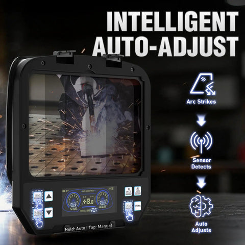 Workhorse Smart Auto Darkening Welding Helmet With Large View Screen True Color Display And Memory Easy Arc Sensor Auto Shade Fully Adjustable Shade Range From 3 To 14 For MIG TIG Stick Tack Grinding And Cutting, showing close-up of helmet's electronic controls and display during welding.