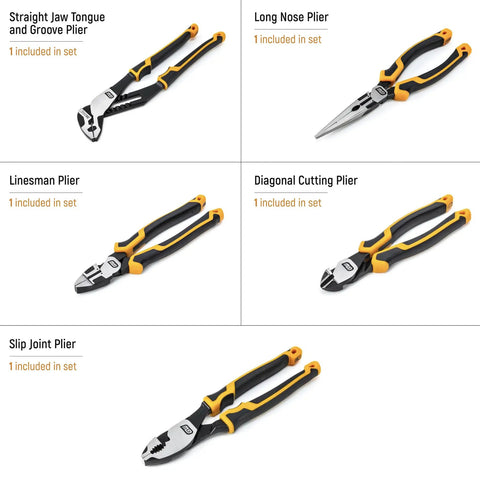 Pitbull Cushion Grip Pliers Set With Foam Storage Tray, featuring various pliers with K9 Jaw Grip, ideal for tight angles and heavy duty tasks.