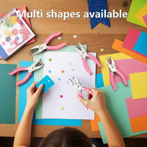 Child using Mini Hole Punch Set 5 In 1 with Heart Star and Circle Punches for paper crafts and DIY projects on colorful paper.