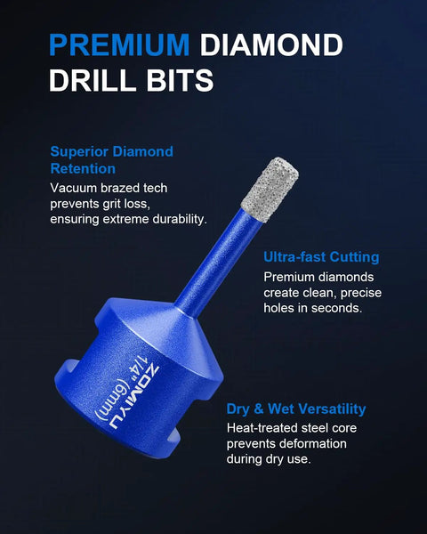 Heavy Duty 2 Pack 5/8 Inch Diamond Hole Saw And Vacuum Brazed Wet Dry Core Bit For Porcelain Tile with blue design and diamond tip.