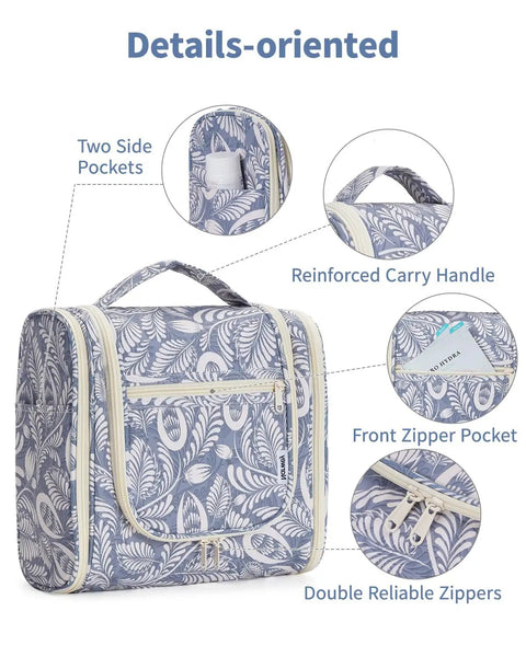 Hanging Toiletry Bag For Travel Makeup Organizer Unisex On The Go Large Capacity With 8 Mesh Pockets Blue Leaf Pattern details