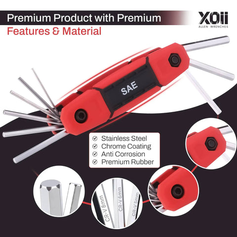 17 Piece Folding Allen Wrench Set With SAE And Hex Keys, durable red multi tool showing multiple hex keys extended