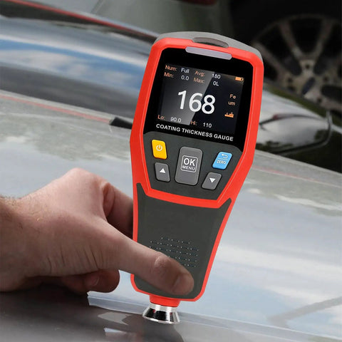 Must-Have Paint Thickness Gauge For Cars With Auto Rotating Display And Ferrous And Non Ferrous Substrate Recognition, 1250 Micron Range And 0.1 Micron Resolution, Zero And Two Point Calibration, Custom High Low Alarms on car panel