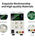 Variable DC Power Supply 60V 5A Bench Lab Power Supply with 3 Digit LED Display, component patch, knobs, terminals, close-up