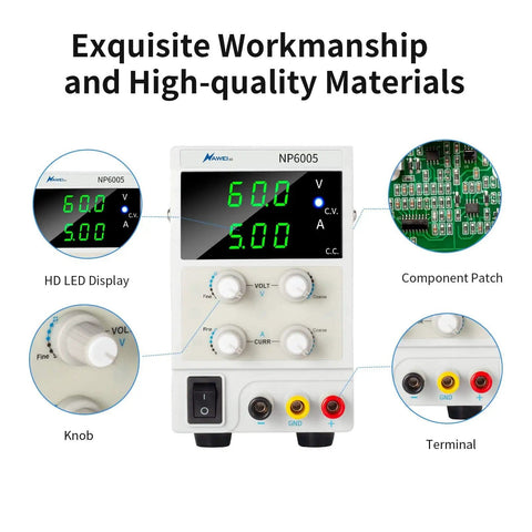 Variable DC Power Supply 60V 5A Bench Lab Power Supply with 3 Digit LED Display, component patch, knobs, terminals, close-up