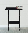 Rock Solid Adjustable Height Rolling Computer Desk With Smooth As Butter Locking Casters Portable Standing Laptop Table For Tight Quarters And Remote Work Setup In Glossy Black, shown with laptop and books.