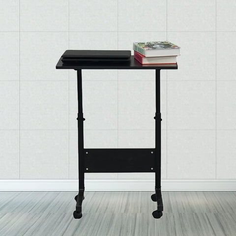 Rock Solid Adjustable Height Rolling Computer Desk With Smooth As Butter Locking Casters Portable Standing Laptop Table For Tight Quarters And Remote Work Setup In Glossy Black, shown with laptop and books.