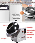 Heavy Hitter All In One Candy And Chocolate Coating Machine showing stainless steel drum, control panel, and heating plate.
