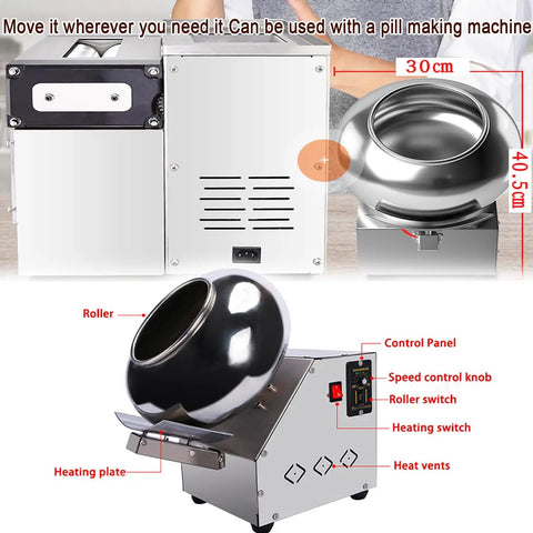 Heavy Hitter All In One Candy And Chocolate Coating Machine showing stainless steel drum, control panel, and heating plate.