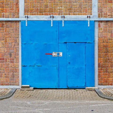 Blue metal door with Heavy Duty U Hook Toggle Clamp Set With Threaded U Bolt 7720 Lbs Capacity Beefy Grip Adjustable Latch Clamp 2 Pack 40380 Toggle Clamp Latch Industrial Grade Alloy Steel installed.