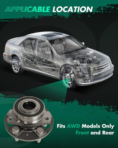 2 Pack Wheel Hub Bearing Set For Chevrolet Equinox GMC Terrain Buick Allure Regal Malibu Cadillac XTS Front And Rear 5 Lugs ABS Hub Bearing Assembly Fits 2010 2017 2013 2016 Vehicles with AWD model illustration and bearings shown.