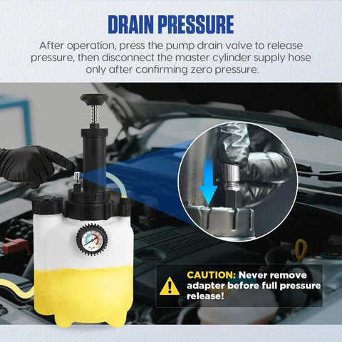 3L Brake Bleed Kit With Manual Brake Bleeder Vacuum Pump Includes 1L Waste Oil Bottle 5 Master Cylinder Adapters And One Person Pneumatic Brake Fluid Extractor Tool used for drain pressure.