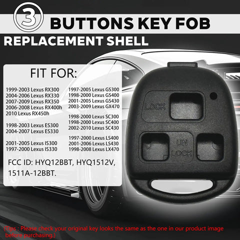 Lexus Key Fob Shell 2 Pack 3 Button Replacement Case for Keyless Entry Remote shown with models it fits
