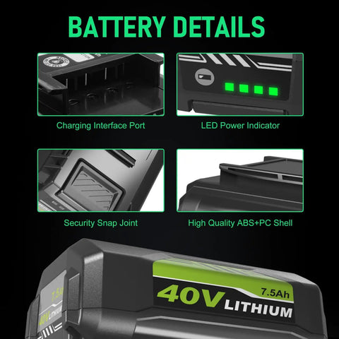 Battery details showing 40V Lithium Battery Replacement 7500mAh High Capacity with charging port, LED indicator, ABS shell.