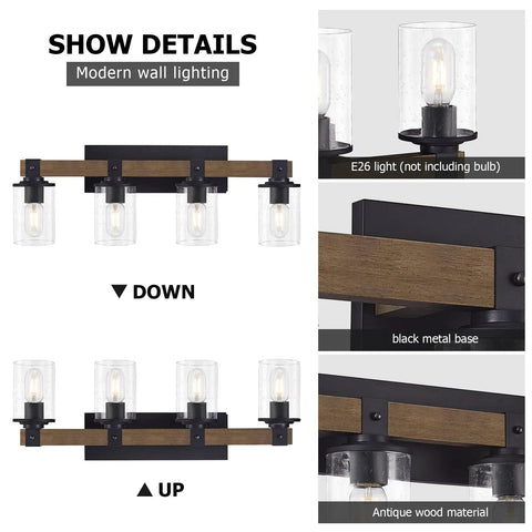 Farmhouse Vanity Light Fixture Four Light With Seeded Glass Shades For Bathroom Hallway And Bedroom, black metal base