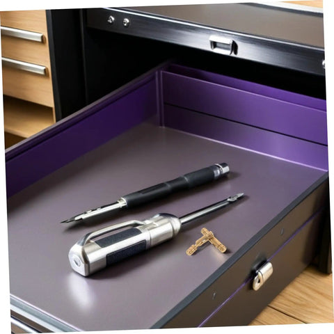 Brass Jewelry Box Hinges With Concealed Silent Opening Mechanism on purple shelf with tools, cylindrical barrel hinges visible