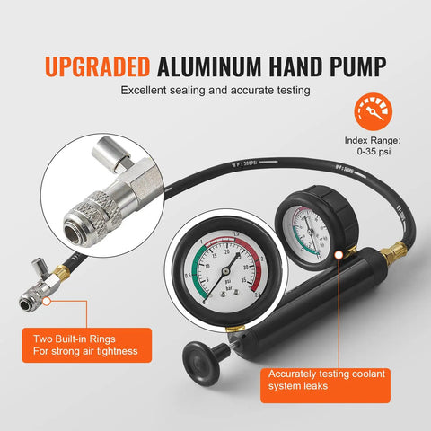 Heavy Duty 28 Piece Universal Radiator Pressure Tester Kit With No Sweat Manual Coolant Refill. Upgraded aluminum hand pump and gauges.