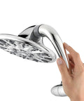 Hand adjusting SideWinder Adjustable Rain Shower Head With 6 Spray Modes and High Pressure PowerPulse Massage, Chrome Finish, 7 Inch Wide Rain Shower Head With Auto Lock Arm for Easy Height and Angle Adjustment
