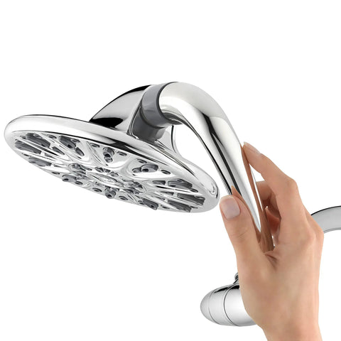 Hand adjusting SideWinder Adjustable Rain Shower Head With 6 Spray Modes and High Pressure PowerPulse Massage, Chrome Finish, 7 Inch Wide Rain Shower Head With Auto Lock Arm for Easy Height and Angle Adjustment