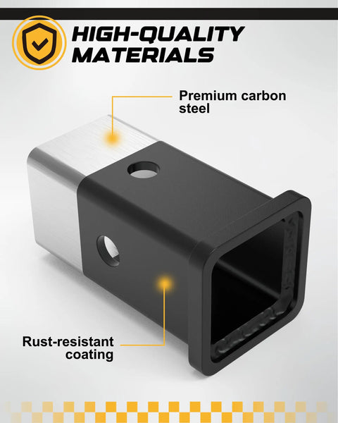 Two And A Half Inch To Two Inch Hitch Reducer And Receiver Adapter For Two Inch Accessories Extender Heavy Duty Carbon Steel With Five Eighth Inch Pin And Clip Included, premium carbon steel with rust-resistant coating