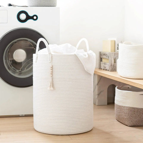 White Laundry Basket With Handles, Tall Woven Hamper For Clothes And Towels, 16x20 Inches, next to washing machine