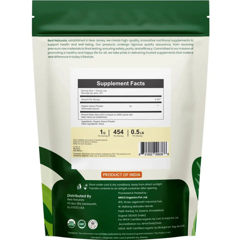 Back view of Certified USDA Organic Arjuna Powder 227 Gram Gluten Free GMO Free Vegan Friendly with supplement facts.