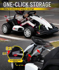 Kids 24V Electric Go Kart With Dual Motors 400W Power 9Ah Battery 6.5 MPH Safe Speed Two Stage Adjustable Frame Backyard EVA Wheels Drift Mode Max 132 Lbs Load White, shown on a track with a rider, highlighting the adjustable frame feature.
