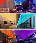 RGB LED Floor Lamp With Remote 36W 3600LM 69 Inch in various room settings, showing color modes and dimming features.