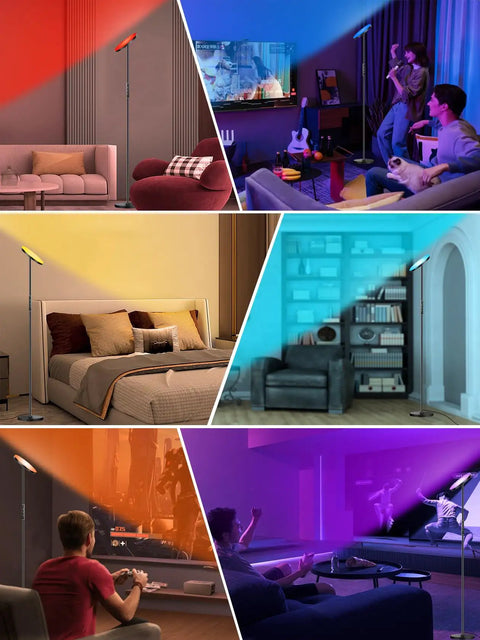 RGB LED Floor Lamp With Remote 36W 3600LM 69 Inch in various room settings, showing color modes and dimming features.