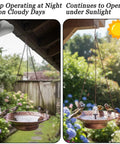 12.6 Inch Hanging Solar Bird Bath Fountain With Bronze Finish Sun Powered Bird Bath For Garden Patio And Lawn Decor Outdoor Hanging Bird Fountain That Attracts Hummingbirds And Songbirds shown in sunlight and cloudy conditions