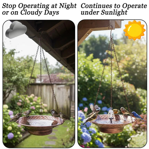 12.6 Inch Hanging Solar Bird Bath Fountain With Bronze Finish Sun Powered Bird Bath For Garden Patio And Lawn Decor Outdoor Hanging Bird Fountain That Attracts Hummingbirds And Songbirds shown in sunlight and cloudy conditions
