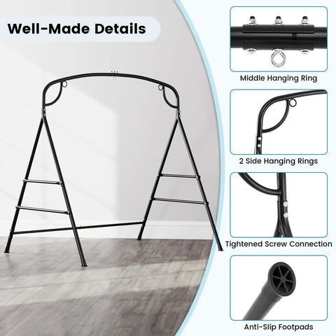 Heavy Duty Hammock Stand With A Frame For Porch Lawn Garden Backyard Supports Up To 660 Lbs Four Reinforced Crossbars Two Hanging Options indoor details view showing hanging rings and anti-slip footpads.