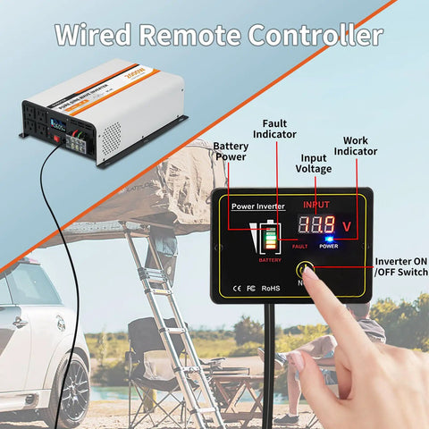 2000 Watt Pure Sine Wave Power Inverter Converts 12V DC To 120V AC With LCD Display and Wired Remote Controller.