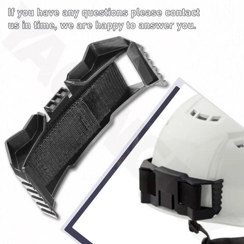 Hard Hat Headlamp Mount With Webbing, Rugged Clip For Most Headlamps fitted to white hard hat for construction work.