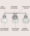 Chrome Three Light Bathroom Vanity Light With Clear Seeded Glass Shades, Metal Wall Sconce, with LED bulb features and labels.