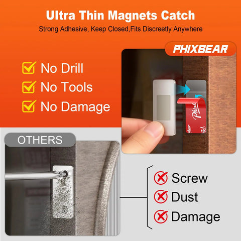 Ultra Thin Cabinet Door Magnets 4 Pack No Drill Stainless Steel Magnetic Latches Stick On Strong Adhesive For Kitchen Cabinets Bathrooms Closets And RV Drawers Seamless Hidden Closures image showing no drill installation and adhesive backing