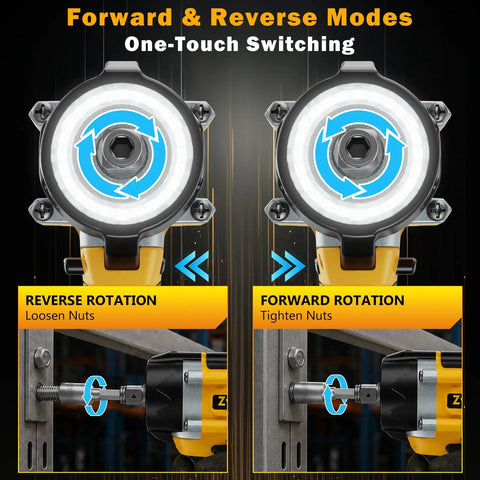 Heavy Hitter Cordless Impact Wrench Driven By A Rugged Brushless Motor Operating As A Versatile Drill Plus Screwdriver Combining To Deliver 516 Ft Lbs Of Serious Torque For Daily Grinds forward and reverse modes with one-touch switching for versatile use.