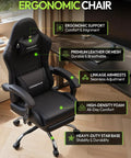 Ergonomic Gaming Chair With Massage Lumbar, Footrest, And 2D Linkage Armrests, Black, in office setting with labeled features
